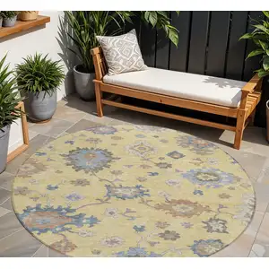 Photo of 8' Gold Brown And Blue Round Floral Washable Indoor Outdoor Area Rug