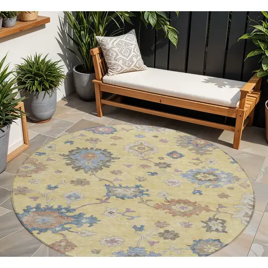 8' Gold Brown And Blue Round Floral Washable Indoor Outdoor Area Rug Photo 1