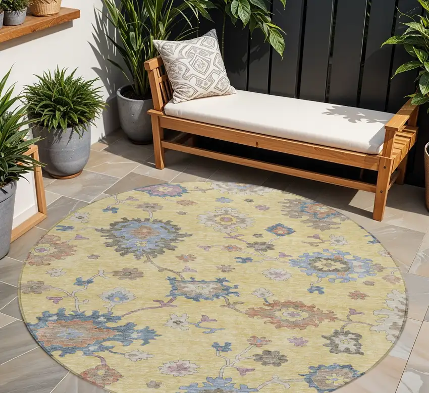 8' Gold Brown And Blue Round Floral Washable Indoor Outdoor Area Rug Photo 1