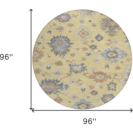 8' Gold Brown And Blue Round Floral Washable Indoor Outdoor Area Rug Photo 3