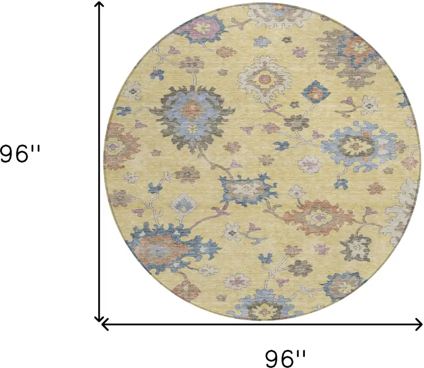 8' Gold Brown And Blue Round Floral Washable Indoor Outdoor Area Rug Photo 3