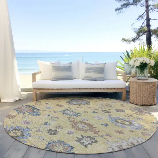 8' Gold Brown And Blue Round Floral Washable Indoor Outdoor Area Rug Photo 6