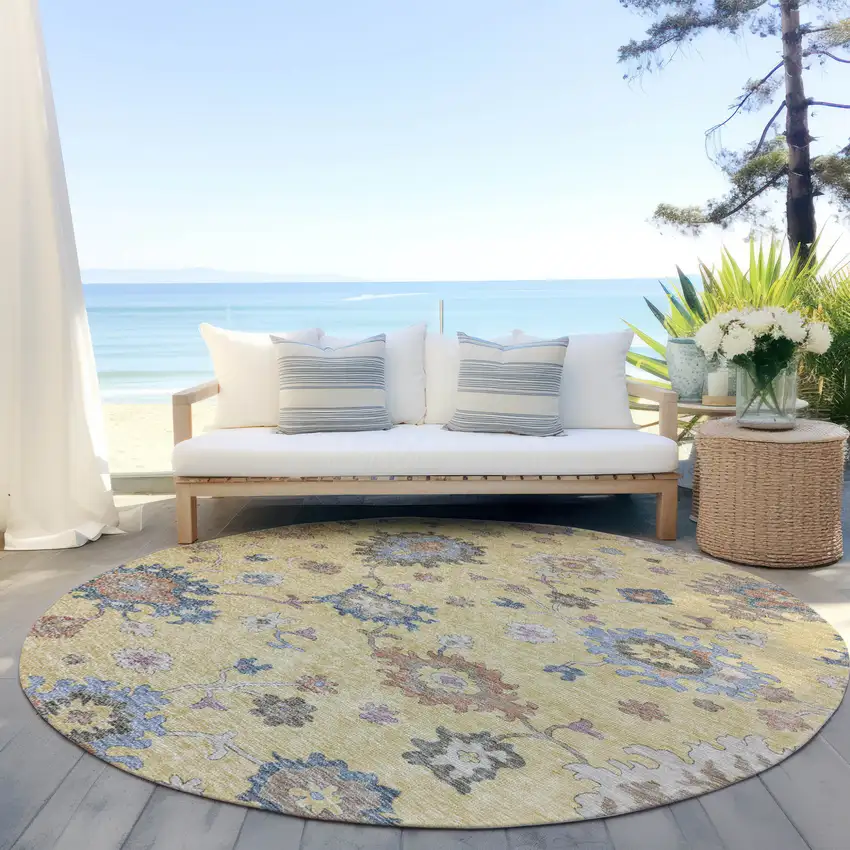 8' Gold Brown And Blue Round Floral Washable Indoor Outdoor Area Rug Photo 6