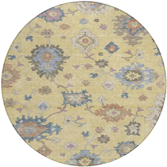 8' Gold Brown And Blue Round Floral Washable Indoor Outdoor Area Rug Photo 2
