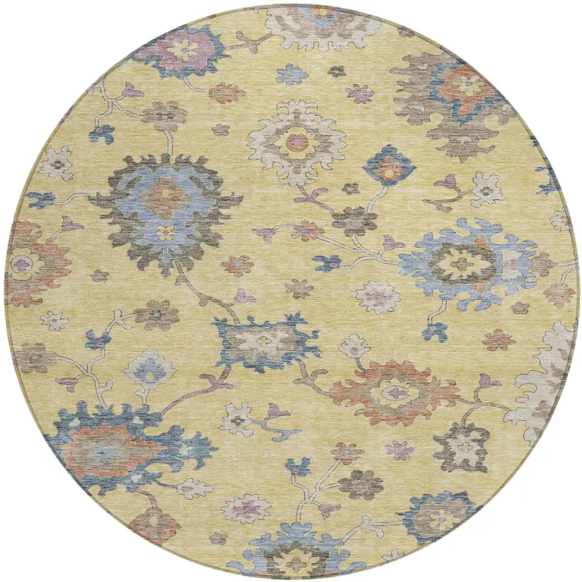 8' Gold Brown And Blue Round Floral Washable Indoor Outdoor Area Rug Photo 2