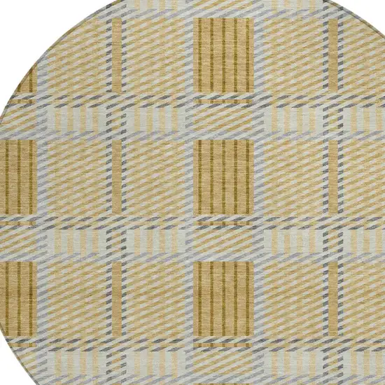 8' Gold Brown And Gray Round Plaid Washable Indoor Outdoor Area Rug Photo 4