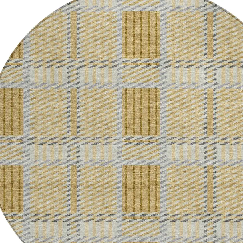 8' Gold Brown And Gray Round Plaid Washable Indoor Outdoor Area Rug Photo 4
