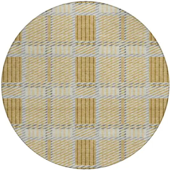 8' Gold Brown And Gray Round Plaid Washable Indoor Outdoor Area Rug Photo 2