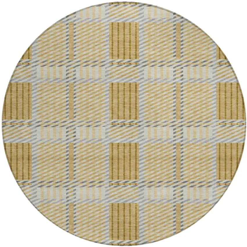 8' Gold Brown And Gray Round Plaid Washable Indoor Outdoor Area Rug Photo 2