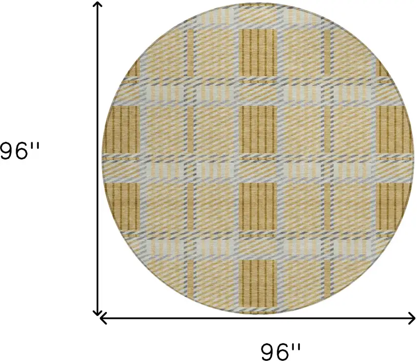 8' Gold Brown And Gray Round Plaid Washable Indoor Outdoor Area Rug Photo 3