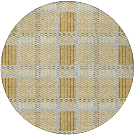 8' Gold Brown And Gray Round Plaid Washable Indoor Outdoor Area Rug Photo 6