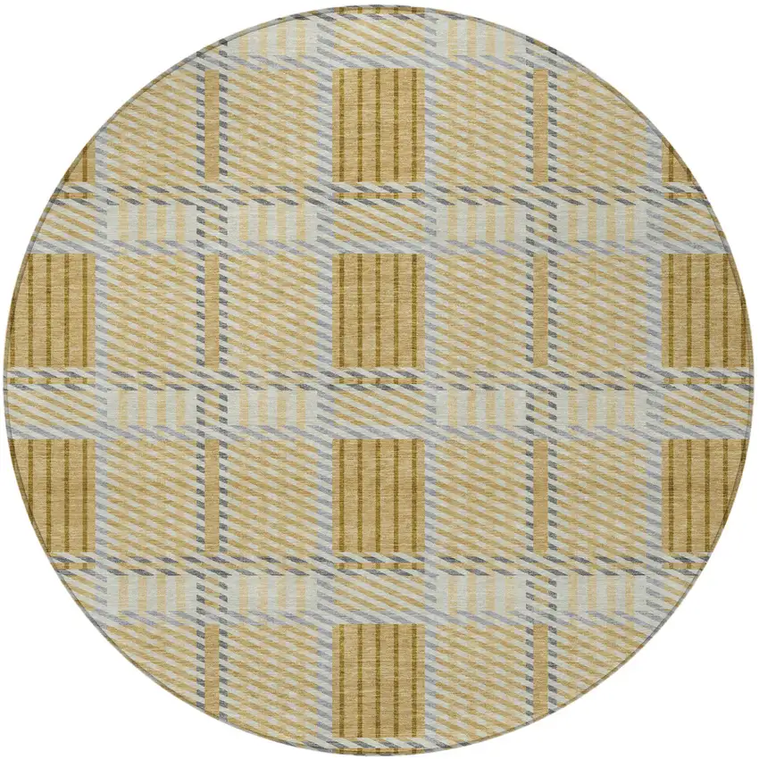 8' Gold Brown And Gray Round Plaid Washable Indoor Outdoor Area Rug Photo 6