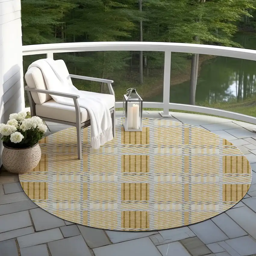 8' Gold Brown And Gray Round Plaid Washable Indoor Outdoor Area Rug Photo 7