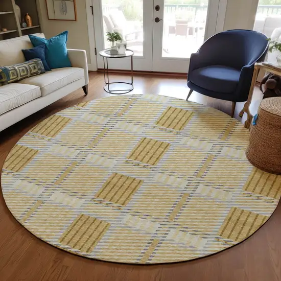 8' Gold Brown And Gray Round Plaid Washable Indoor Outdoor Area Rug Photo 8