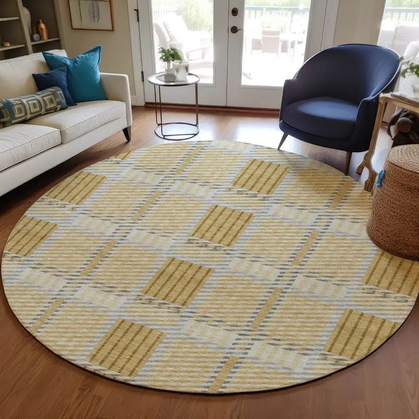 8' Gold Brown And Gray Round Plaid Washable Indoor Outdoor Area Rug Photo 8