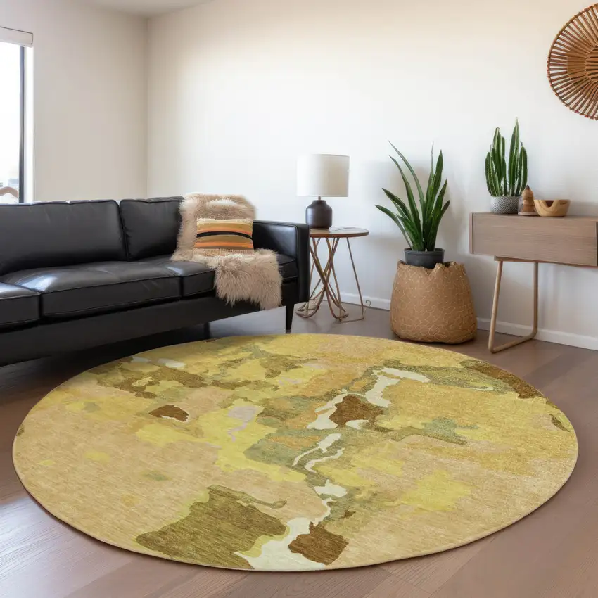 8' Gold Brown And Green Round Abstract Washable Indoor Outdoor Area Rug Photo 7