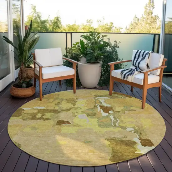 8' Gold Brown And Green Round Abstract Washable Indoor Outdoor Area Rug Photo 6
