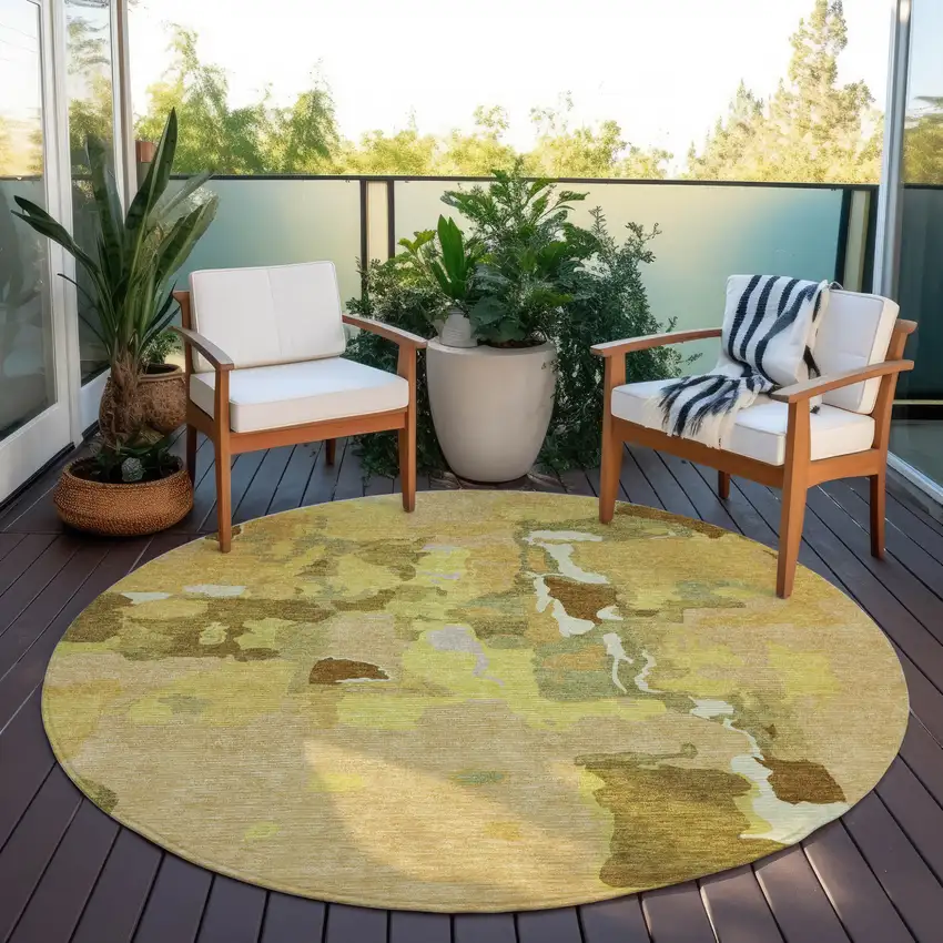 8' Gold Brown And Green Round Abstract Washable Indoor Outdoor Area Rug Photo 6