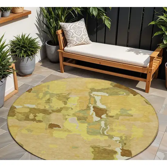 8' Gold Brown And Green Round Abstract Washable Indoor Outdoor Area Rug Photo 1