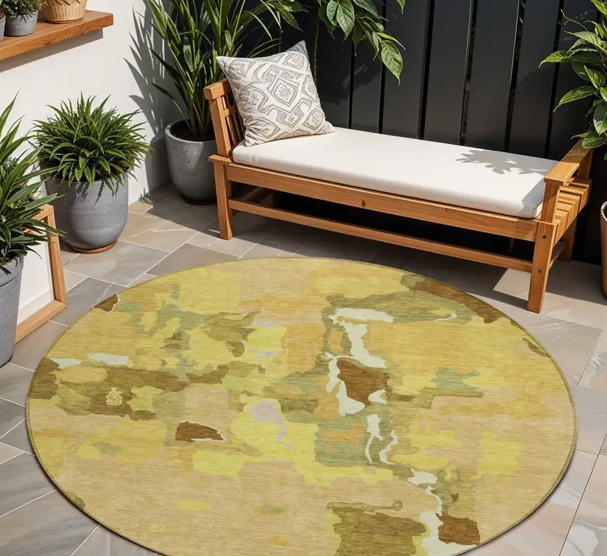 8' Gold Brown And Green Round Abstract Washable Indoor Outdoor Area Rug Photo 1