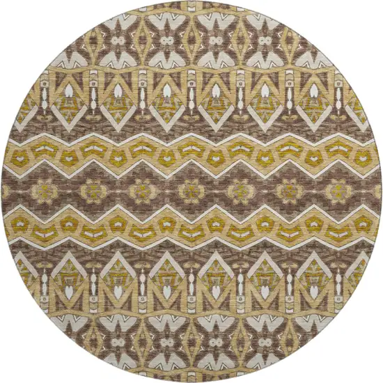 8' Gold Brown And Ivory Moroccan Washable Round Rug With UV Protection Photo 1