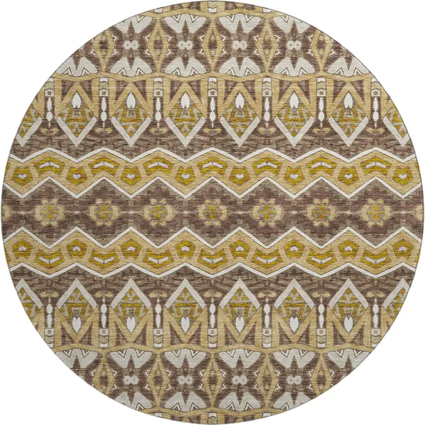 8' Gold Brown And Ivory Moroccan Washable Round Rug With UV Protection Photo 1