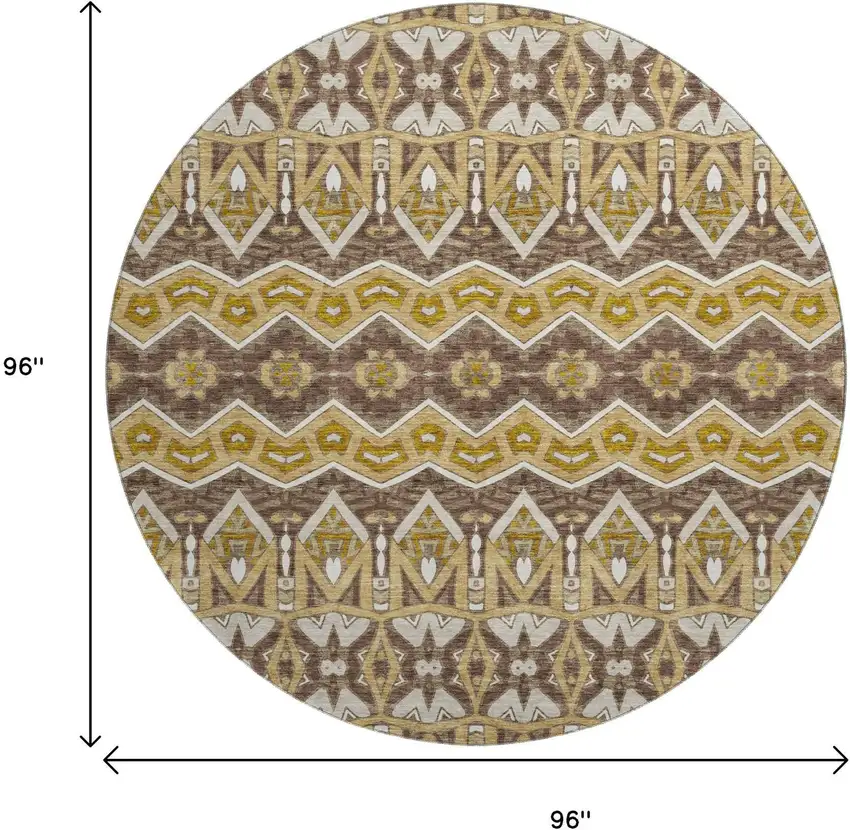 8' Gold Brown And Ivory Moroccan Washable Round Rug With UV Protection Photo 3