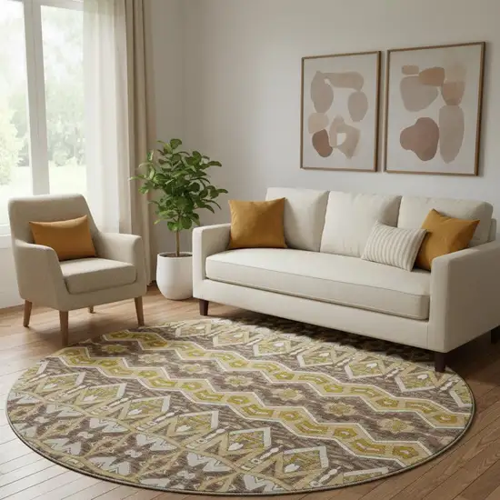 8' Gold Brown And Ivory Moroccan Washable Round Rug With UV Protection Photo 1
