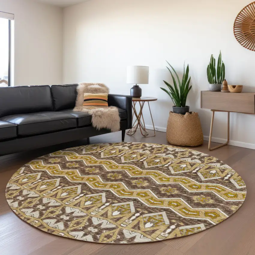 8' Gold Brown And Ivory Moroccan Washable Round Rug With UV Protection Photo 5