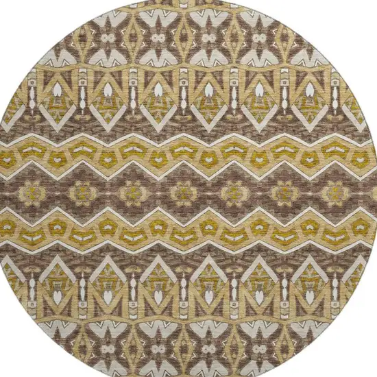 8' Gold Brown And Ivory Moroccan Washable Round Rug With UV Protection Photo 3