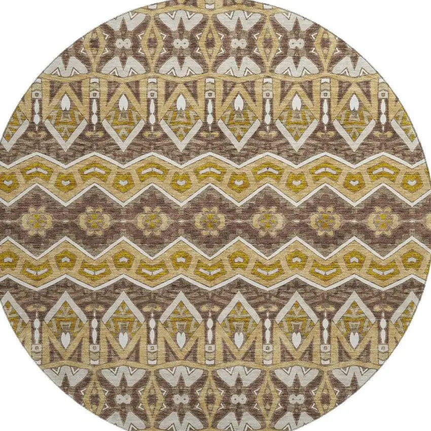 8' Gold Brown And Ivory Moroccan Washable Round Rug With UV Protection Photo 3
