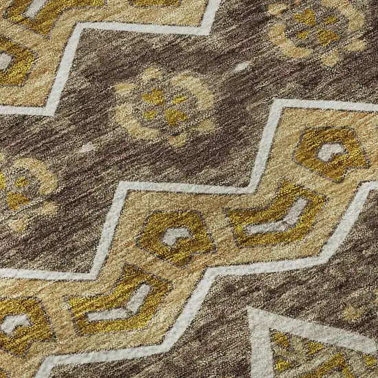 8' Gold Brown And Ivory Moroccan Washable Round Rug With UV Protection Photo 9