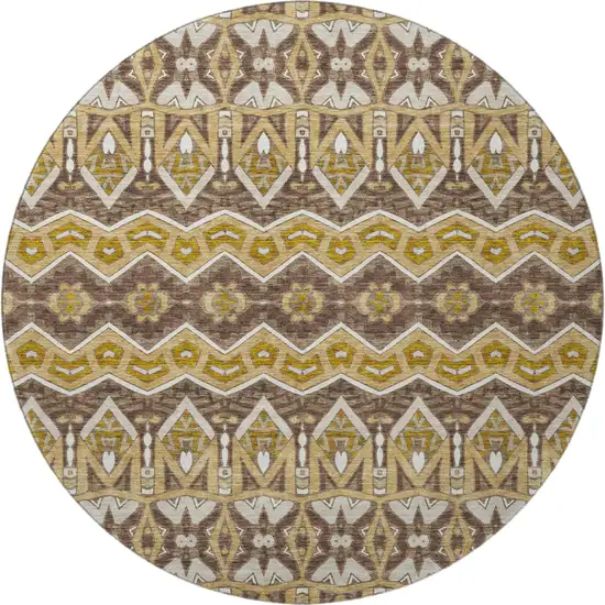 8' Gold Brown And Ivory Moroccan Washable Round Rug With UV Protection Photo 4