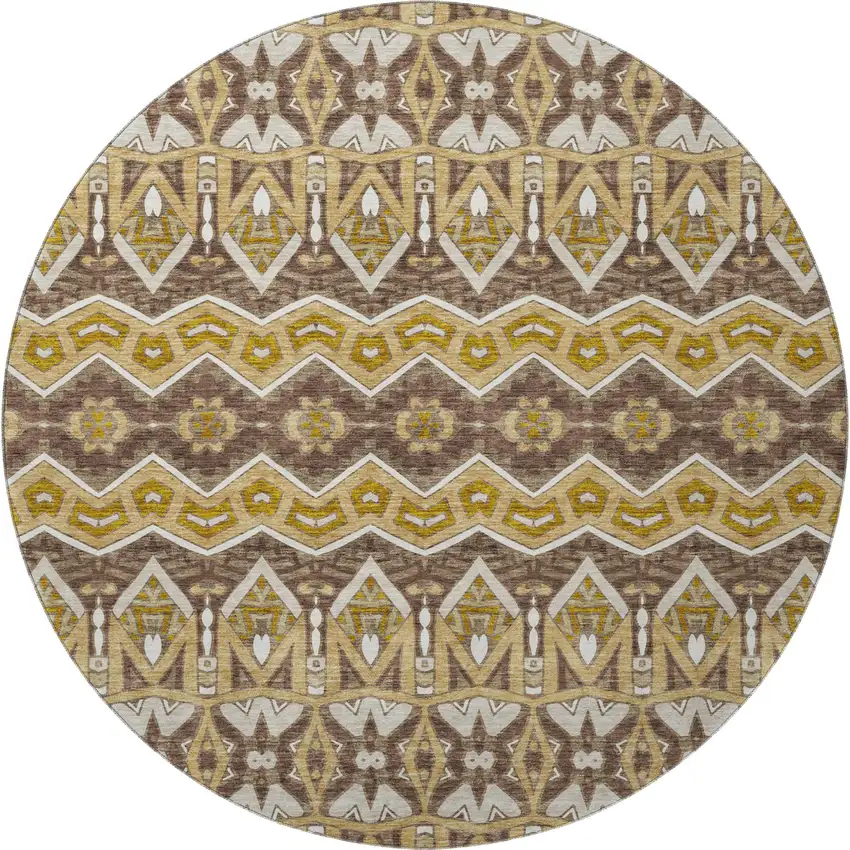 8' Gold Brown And Ivory Moroccan Washable Round Rug With UV Protection Photo 4