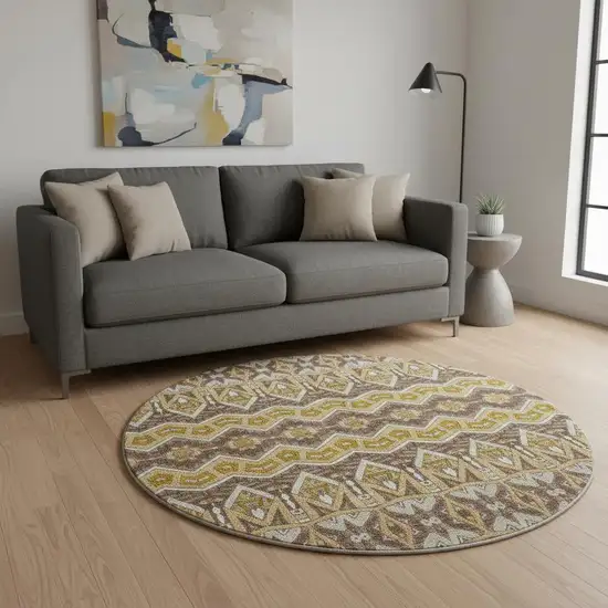 8' Gold Brown And Ivory Moroccan Washable Round Rug With UV Protection Photo 2
