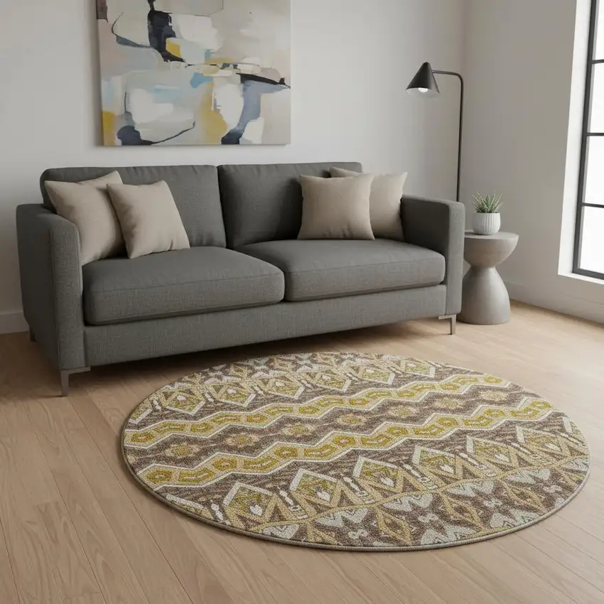 8' Gold Brown And Ivory Moroccan Washable Round Rug With UV Protection Photo 2