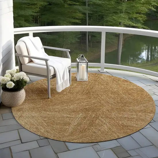 8' Gold Brown And Ivory Round Abstract Washable Indoor Outdoor Area Rug Photo 5