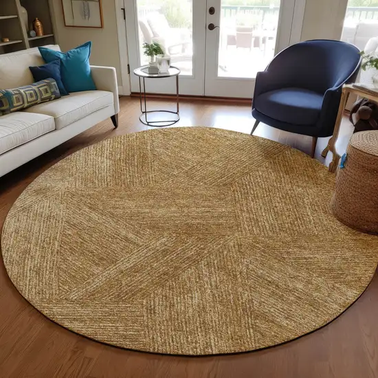 8' Gold Brown And Ivory Round Abstract Washable Indoor Outdoor Area Rug Photo 6