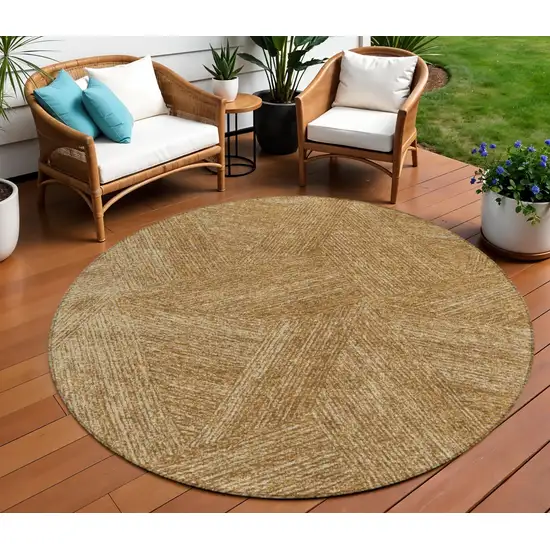 8' Gold Brown And Ivory Round Abstract Washable Indoor Outdoor Area Rug Photo 8