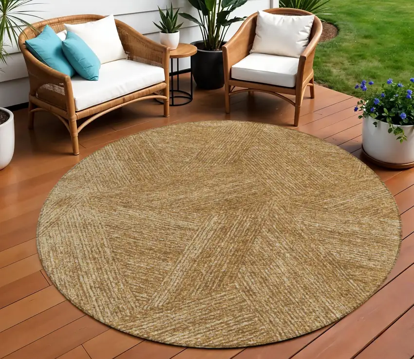 8' Gold Brown And Ivory Round Abstract Washable Indoor Outdoor Area Rug Photo 8