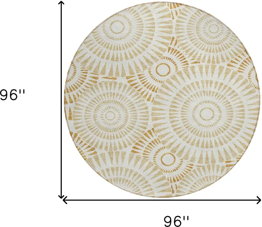 8' Gold Brown And Ivory Round Geometric Washable Indoor Outdoor Area Rug Photo 3