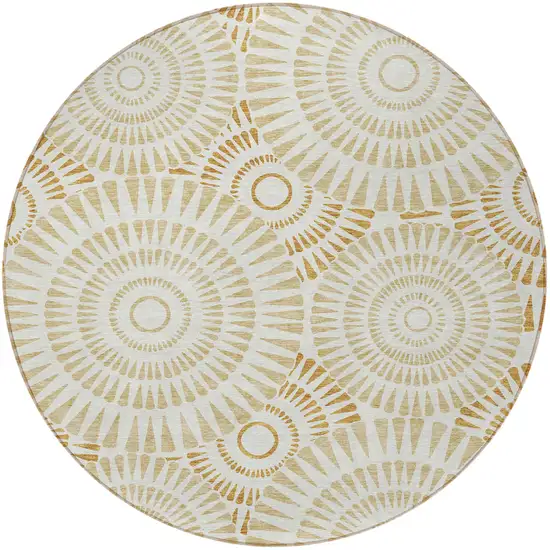8' Gold Brown And Ivory Round Geometric Washable Indoor Outdoor Area Rug Photo 5