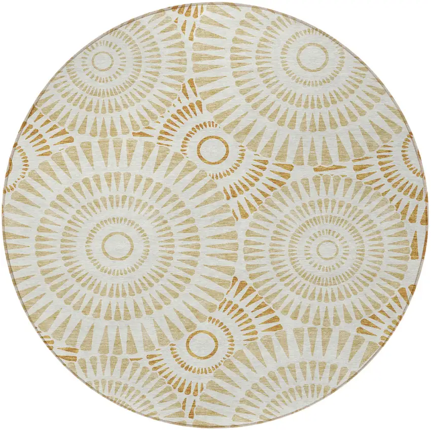 8' Gold Brown And Ivory Round Geometric Washable Indoor Outdoor Area Rug Photo 5