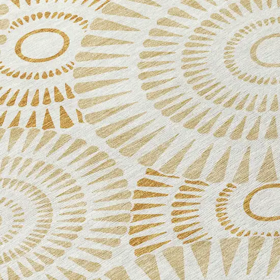 8' Gold Brown And Ivory Round Geometric Washable Indoor Outdoor Area Rug Photo 4