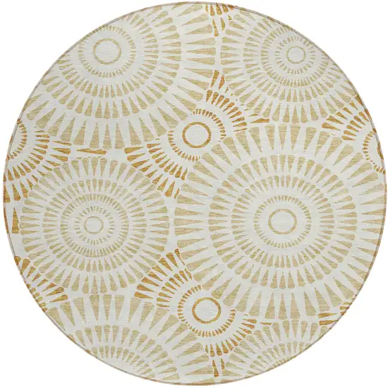 8' Gold Brown And Ivory Round Geometric Washable Indoor Outdoor Area Rug Photo 2
