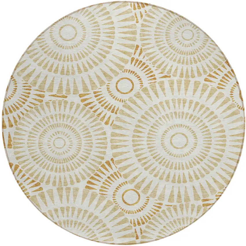 8' Gold Brown And Ivory Round Geometric Washable Indoor Outdoor Area Rug Photo 2