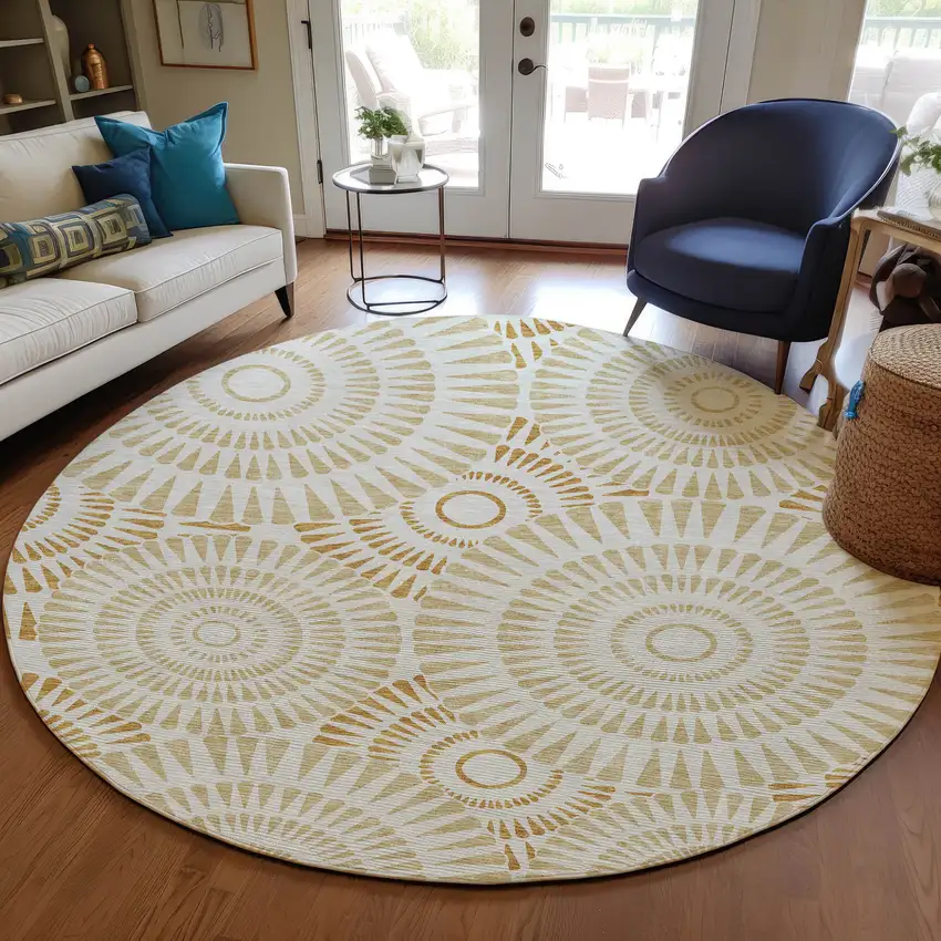 8' Gold Brown And Ivory Round Geometric Washable Indoor Outdoor Area Rug Photo 7