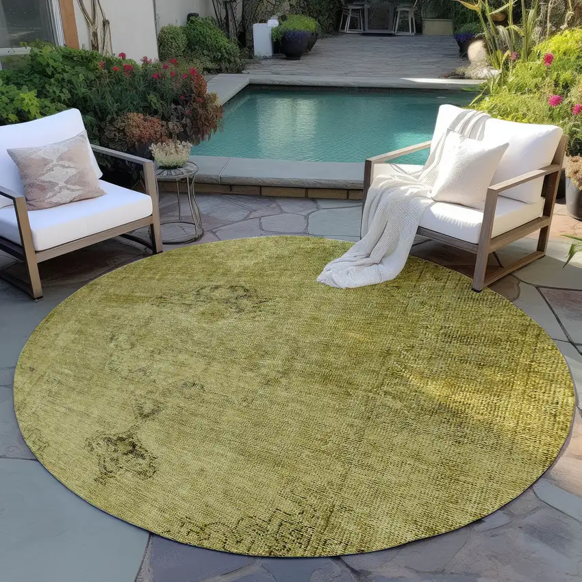 8' Gold Brown And Wheat Round Oriental Washable Indoor Outdoor Area Rug Photo 6