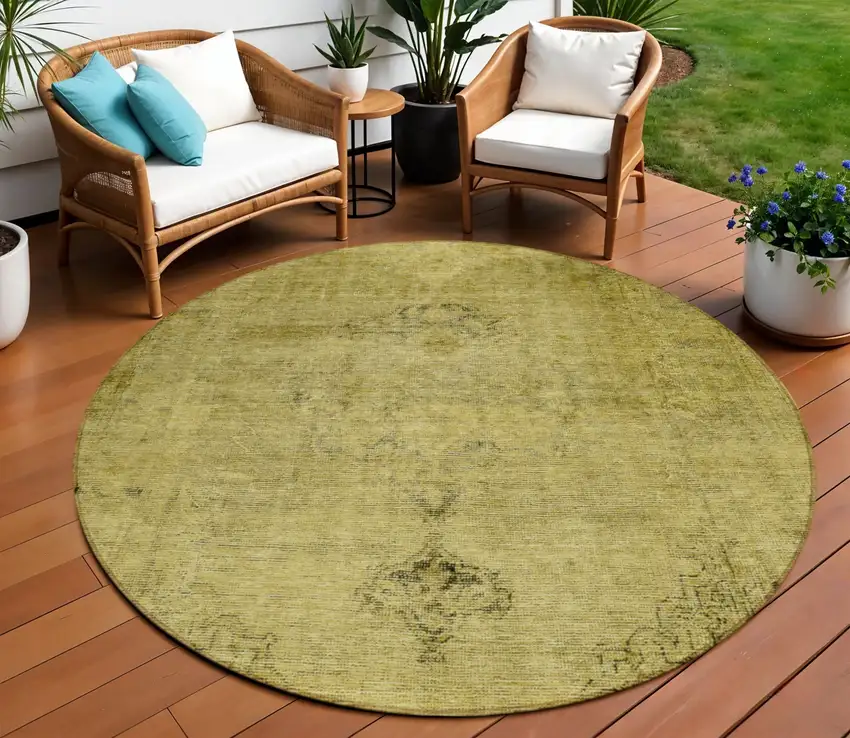 8' Gold Brown And Wheat Round Oriental Washable Indoor Outdoor Area Rug Photo 1