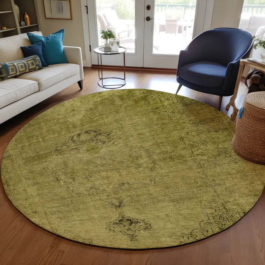 8' Gold Brown And Wheat Round Oriental Washable Indoor Outdoor Area Rug Photo 7